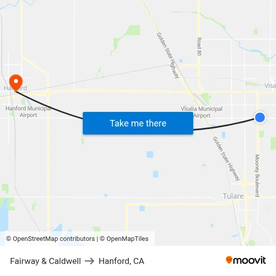 Fairway & Caldwell to Hanford, CA map
