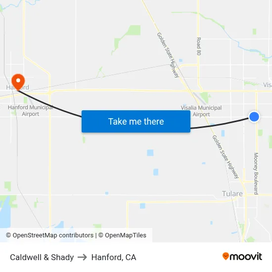 Caldwell & Shady to Hanford, CA map