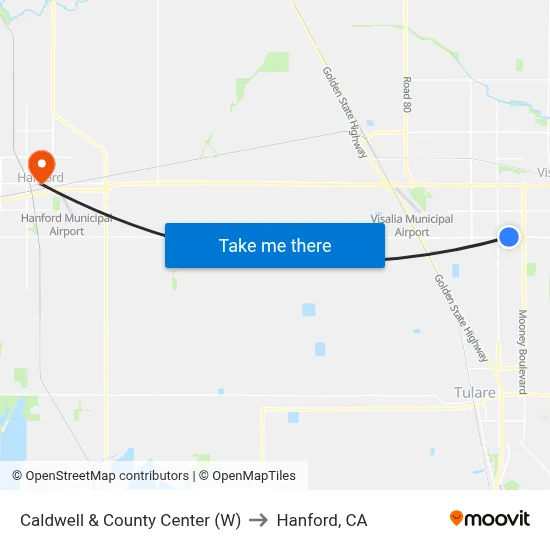 Caldwell & County Center (W) to Hanford, CA map
