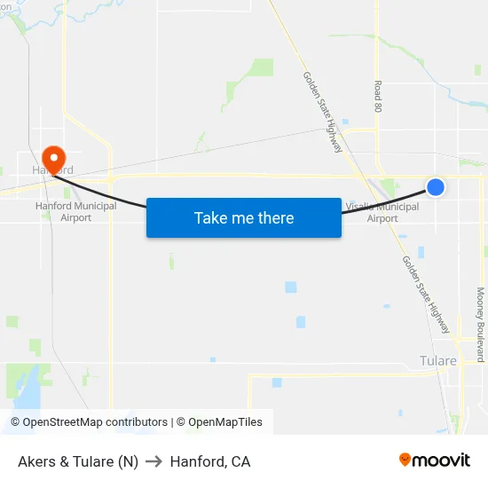 Akers & Tulare (N) to Hanford, CA map