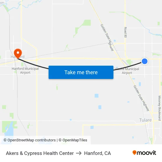 Akers & Cypress Health Center to Hanford, CA map