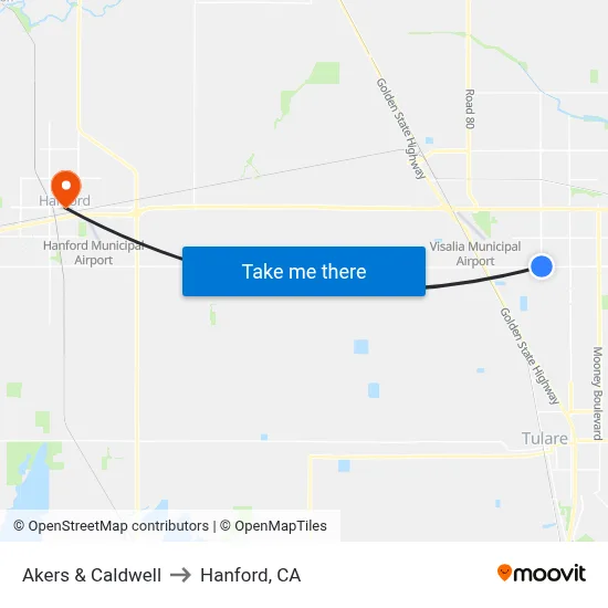 Akers & Caldwell to Hanford, CA map