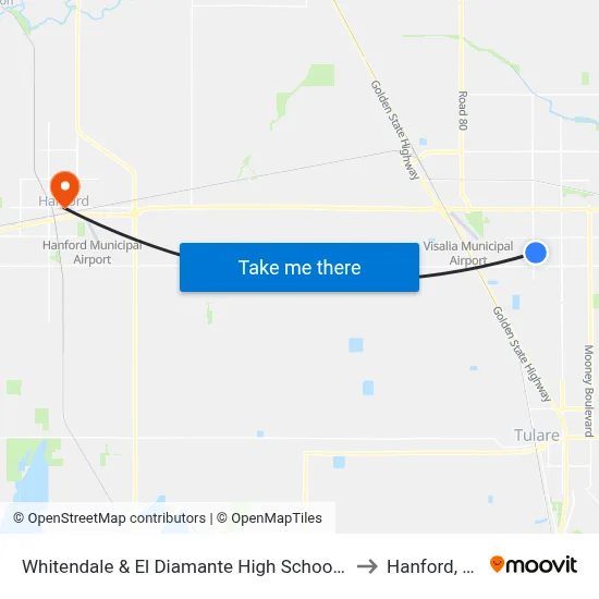 Whitendale & El Diamante High School (E) to Hanford, CA map