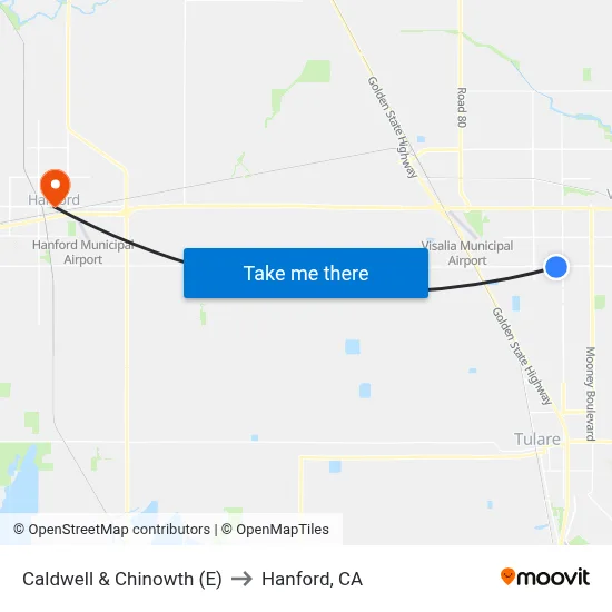 Caldwell & Chinowth (E) to Hanford, CA map