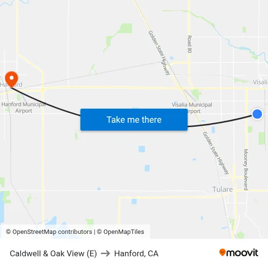 Caldwell & Oak View (E) to Hanford, CA map