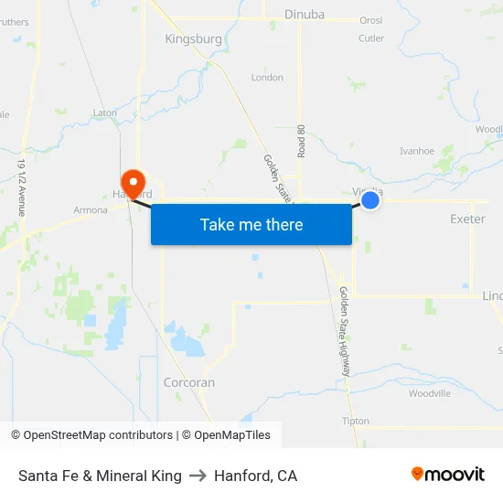 Santa Fe & Mineral King to Hanford, CA map
