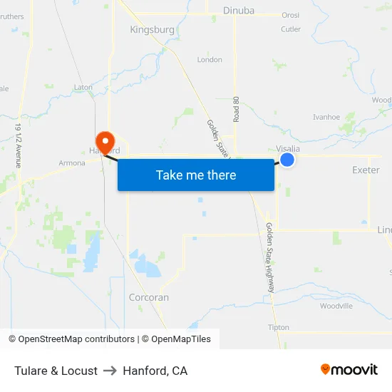 Tulare & Locust to Hanford, CA map