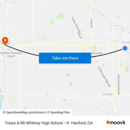 Tulare & Mt Whitney High School to Hanford, CA map