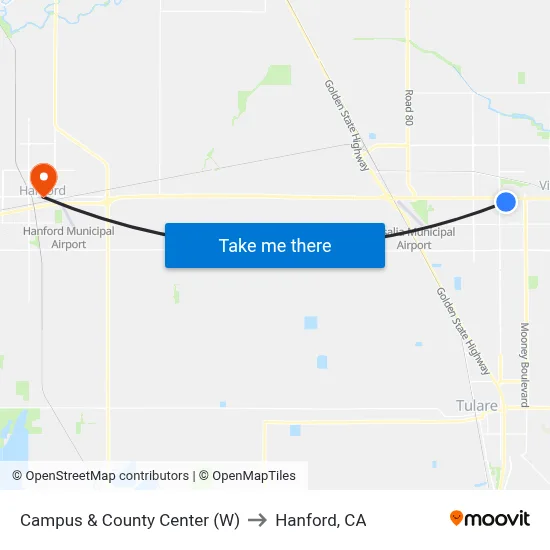 Campus & County Center (W) to Hanford, CA map