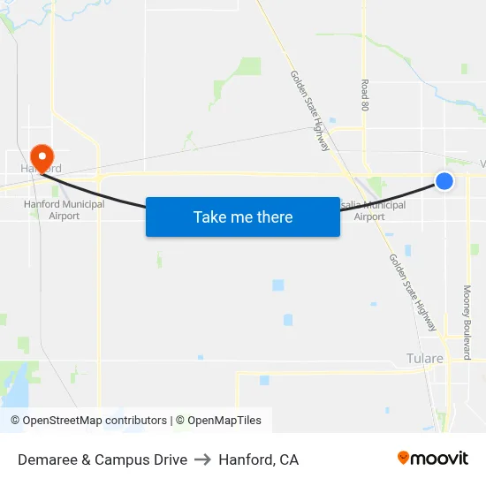 Demaree & Campus Drive to Hanford, CA map