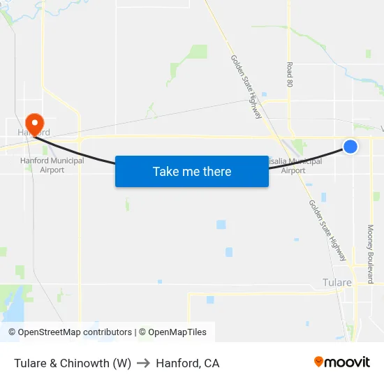 Tulare & Chinowth (W) to Hanford, CA map