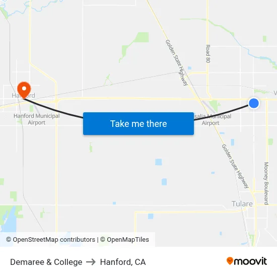 Demaree & College to Hanford, CA map