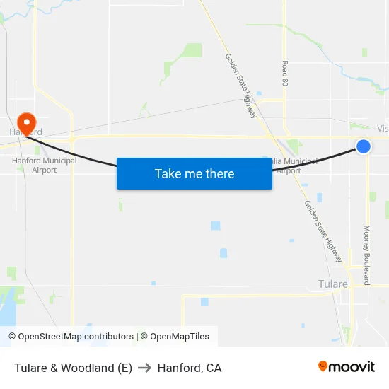 Tulare & Woodland (E) to Hanford, CA map