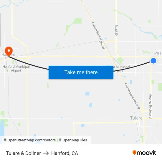 Tulare & Dollner to Hanford, CA map