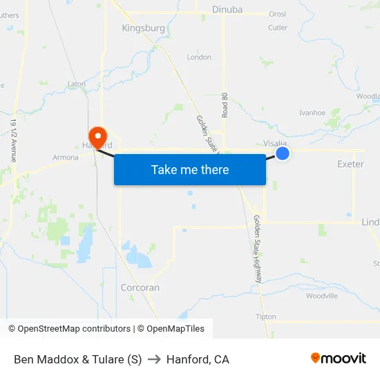 Ben Maddox & Tulare (S) to Hanford, CA map