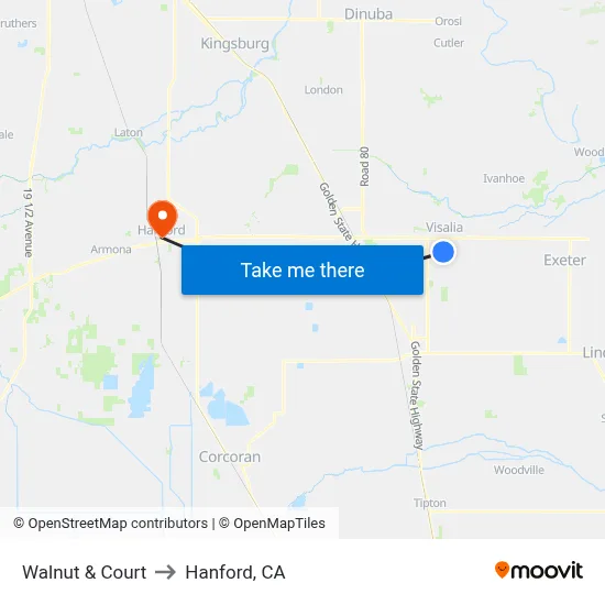 Walnut & Court to Hanford, CA map