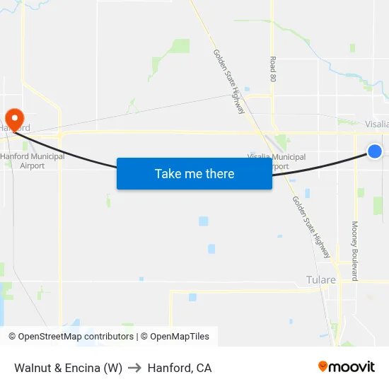Walnut & Encina (W) to Hanford, CA map