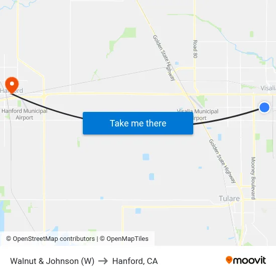 Walnut & Johnson (W) to Hanford, CA map