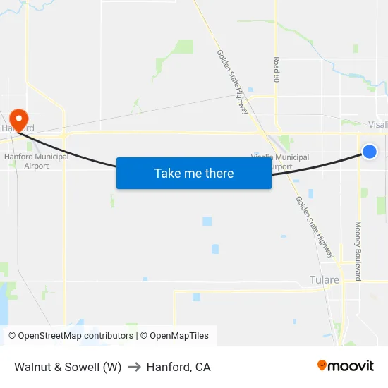 Walnut & Sowell (W) to Hanford, CA map