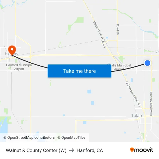 Walnut & County Center (W) to Hanford, CA map