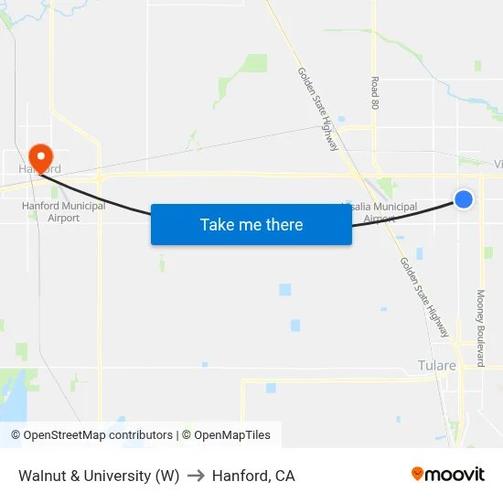 Walnut & University (W) to Hanford, CA map