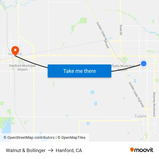 Walnut & Bollinger to Hanford, CA map
