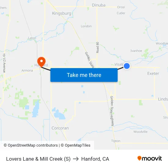 Lovers Lane & Mill Creek (S) to Hanford, CA map