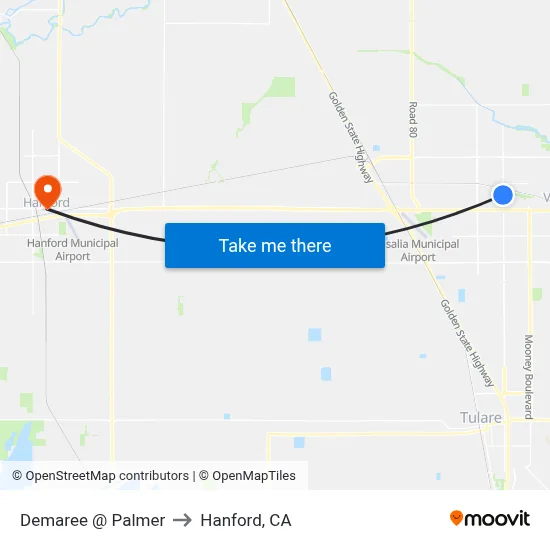 Demaree @ Palmer to Hanford, CA map