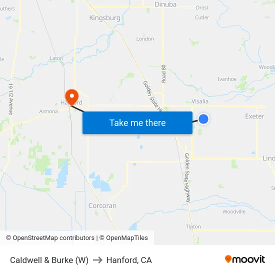 Caldwell & Burke (W) to Hanford, CA map