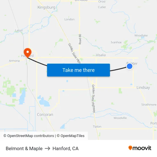 Belmont & Maple to Hanford, CA map