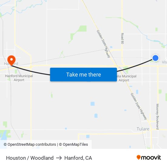 Houston / Woodland to Hanford, CA map