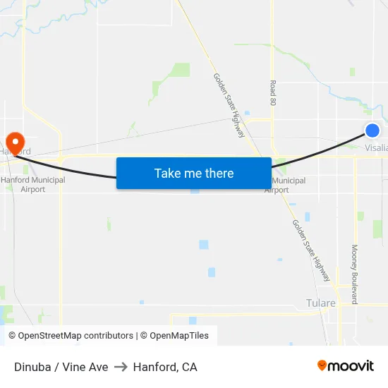 Dinuba / Vine Ave to Hanford, CA map
