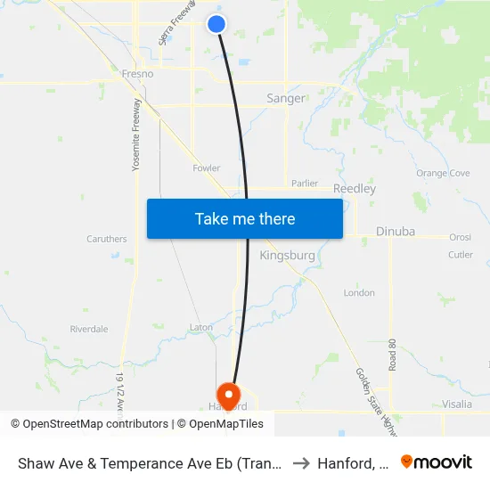 Shaw Ave & Temperance Ave Eb (Transfer) to Hanford, CA map