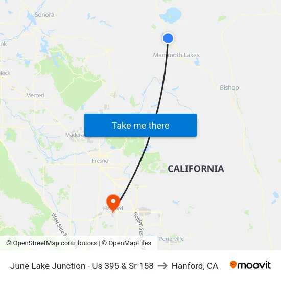 June Lake Junction - Us 395 & Sr 158 to Hanford, CA map
