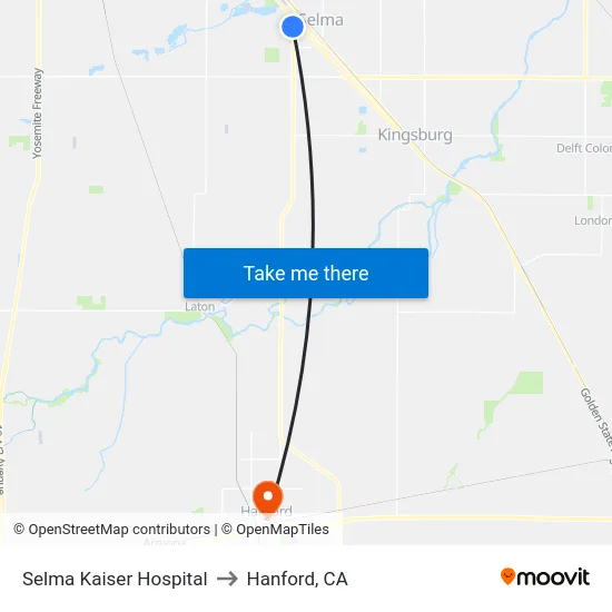 Selma Kaiser Hospital to Hanford, CA map