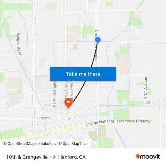 10th & Grangeville to Hanford, CA map