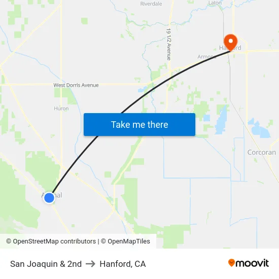 San Joaquin & 2nd to Hanford, CA map