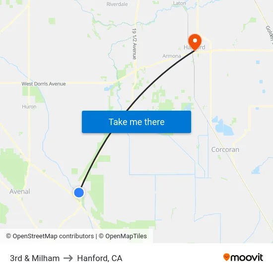 3rd & Milham to Hanford, CA map