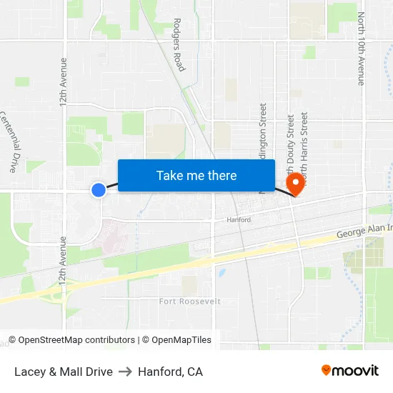 Lacey & Mall Drive to Hanford, CA map