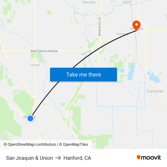 San Joaquin & Union to Hanford, CA map