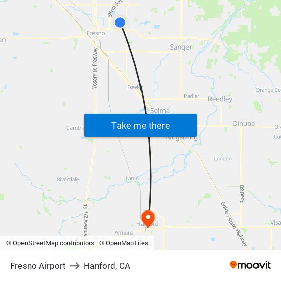 Fresno Airport to Hanford, CA map