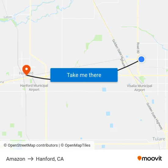 Amazon to Hanford, CA map