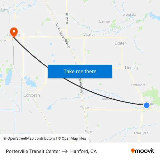 Porterville Transit Center to Hanford, CA map
