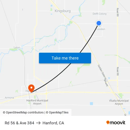 Rd 56 & Ave 384 to Hanford, CA map