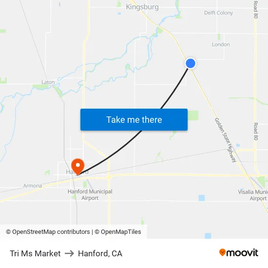 Tri Ms Market to Hanford, CA map