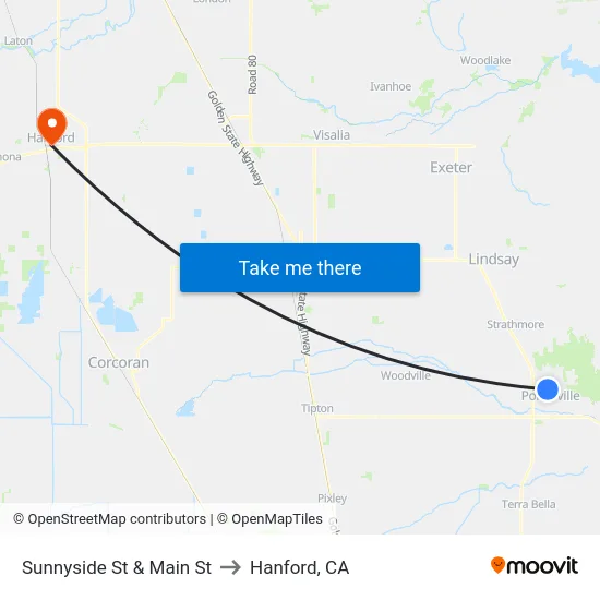 Sunnyside St & Main St to Hanford, CA map