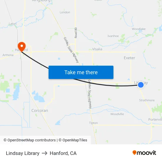 Lindsay Library to Hanford, CA map