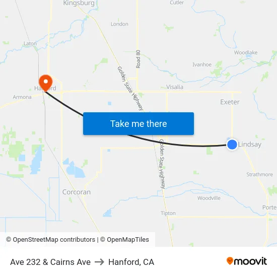 Ave 232 & Cairns Ave to Hanford, CA map