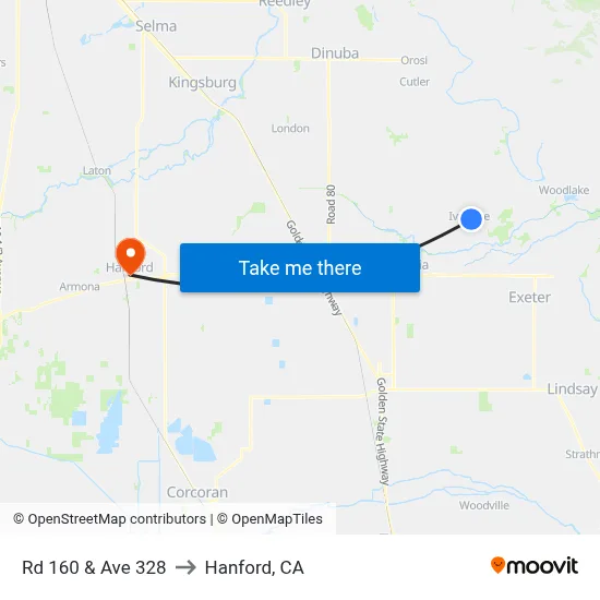 Rd 160 & Ave 328 to Hanford, CA map