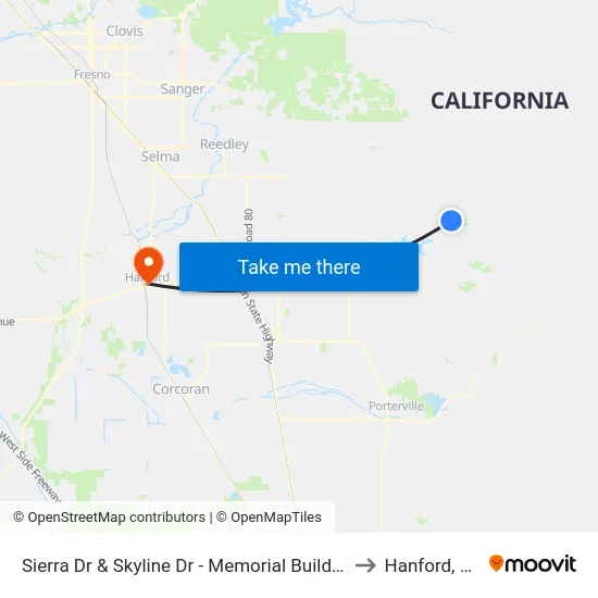 Sierra Dr & Skyline Dr - Memorial Building to Hanford, CA map